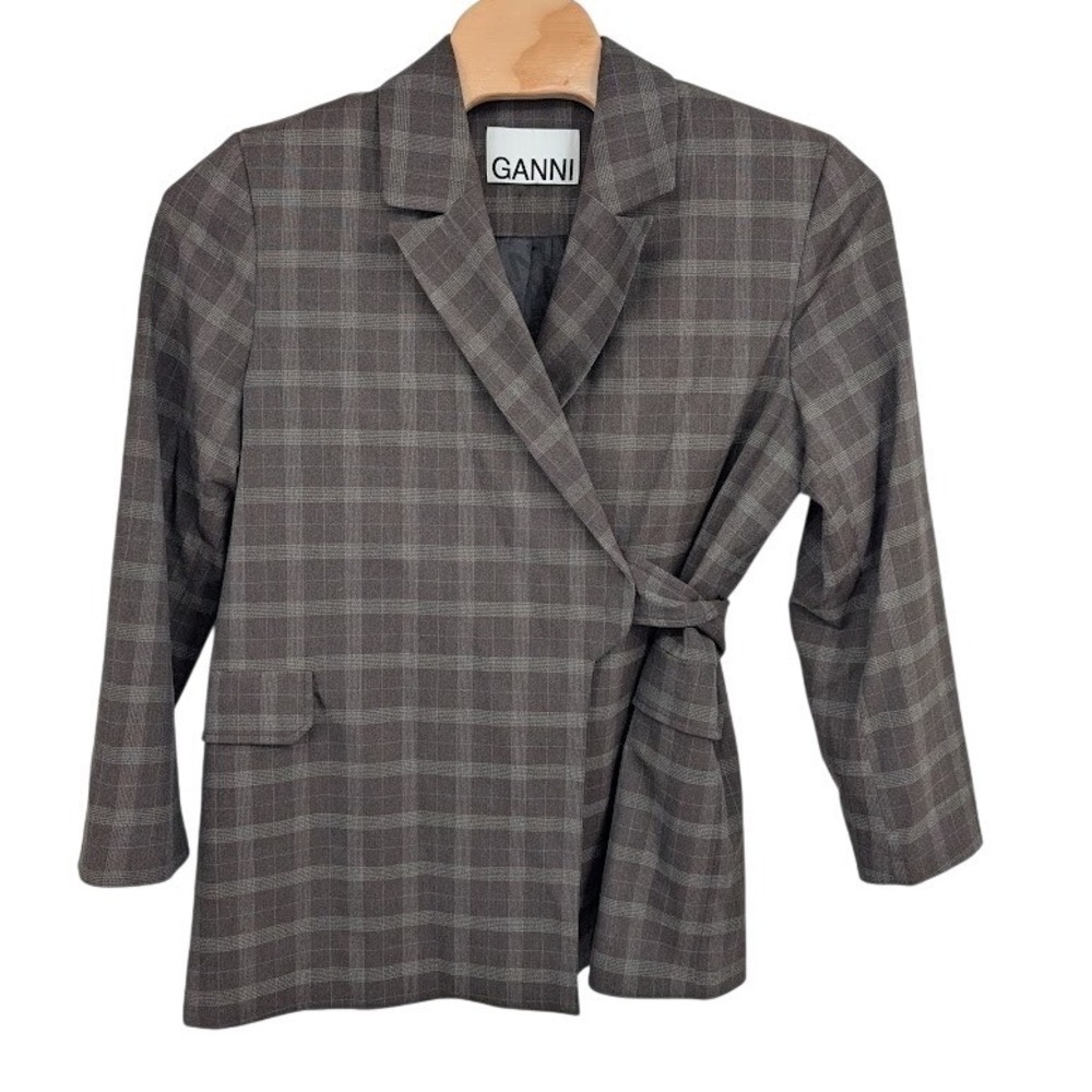 Ganni Brown Plaid Checked Woven adjustable Wrap Blazer Jacket Tie Women's sz 44